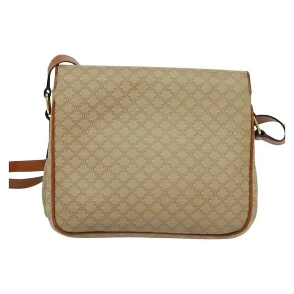 Authentic CELINE Macadam Canvas Shoulder Bag PVC Beige Gold